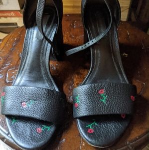 Alexander Wang Black Leather Open-Toe Heels with Red & Green Rose Embroidery
